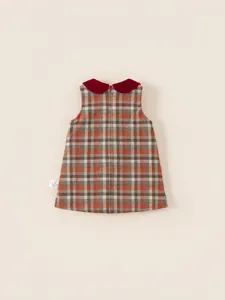 Classic plaid sleeveless A-line dress for girls with red Peter Pan collar and back zipper
