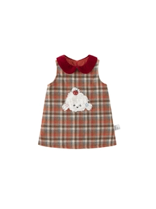 Girl's plaid sleeveless winter dress with velvet Peter Pan collar and puppy appliqué