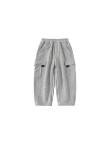 Classic grey boys cargo sweatpants featuring elastic waist and utility pockets on white background