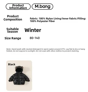 Size chart and fabric details for kids black hooded jacket with cute bear ears