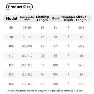 Size chart for kids windproof jacket including length, chest, and sleeve measurements