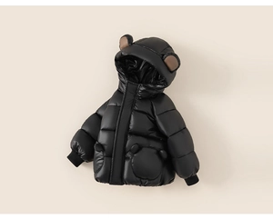 Detail of toddler hooded jacket with cute brown 3D bear ears and animal shaped pockets