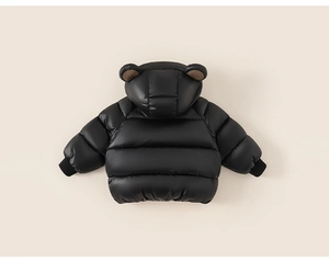Detail of glossy black toddler hooded jacket featuring cute 3D bear ears on the hood