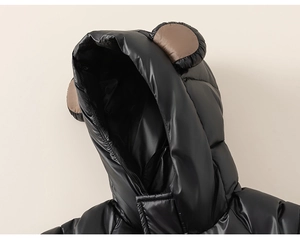 Detail of hooded kids jacket with cute 3D bear ears and glossy windproof fabric