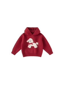 Maglione con cappuccio in maglia rossa per bambina con barboncino e fiocco 3D