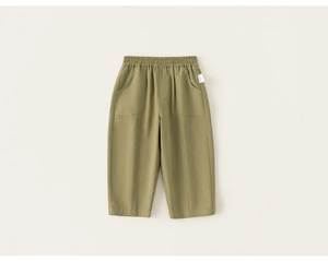 Detail view of olive green boys' straight trousers with elastic waist and pleat design