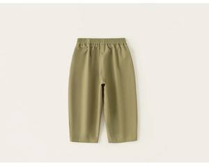 Detail view of olive green boy's straight-leg casual trousers with elastic waistband