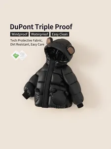 Glossy black windproof puffer jacket for kids with cute bear ears and DuPont protection