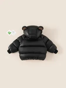 Waterproof children's black hooded puffer jacket with cute bear ears and windproof cuffs