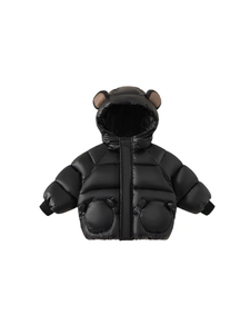 Kids shiny hooded winter coat in black with cute bear ears and windproof cuffs