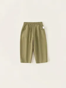 Children's olive green casual trousers with elastic waistband and vertical front seams