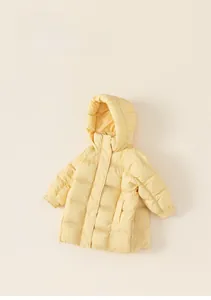 Detailed flat lay of a yellow hooded duck down jacket for kids with square quilting