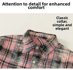 Detail of pink plaid kids shirt featuring a classic collar and single-breasted buttons