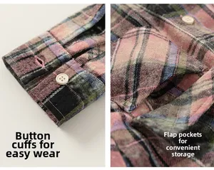 Detail of plaid shirt featuring buttoned cuffs and functional flap chest pocket