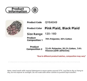 Detailed chart showing kids plaid shirt material composition and size 120-160 wash care guide