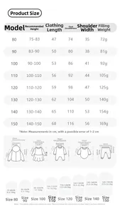 Size chart for children's duck down jacket with detailed measurements from 80 to 150 cm