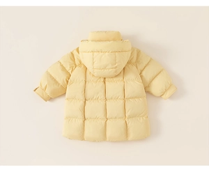Rear view of bright yellow kids hooded down coat with waterproof quilted design