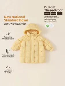 Waterproof white duck down hooded jacket for kids in light yellow quilted finish