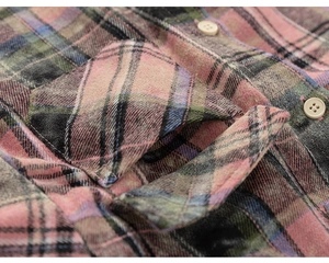 Close-up of flannel plaid shirt texture with breast pocket and resin buttons