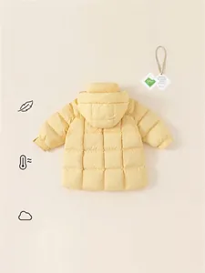 Kids long hooded puffer jacket in light yellow with waterproof white duck down insulation