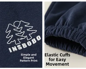 Detailed views of navy blue joggers showing printed patterns and elastic ribbed cuffs