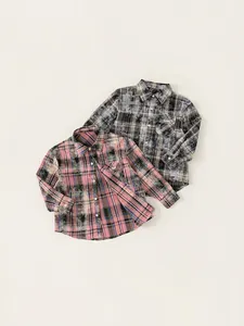 Boys Retro Plaid Shirt Distressed Bleached Long Sleeve Lapel Top With Pocket Embroidery Casual Children Polyester Clothing