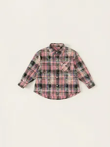 Boy's vintage pink plaid long sleeve shirt with need embroidery and distressed texture