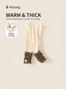 Fleece lined kids warm leggings with cute white bear doll and striped leg warmers