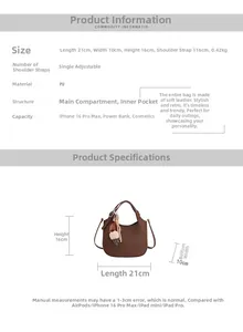 Detailed size specifications of brown pebbled leather bucket bag with cute charm