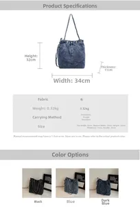 Detailed size chart and multi-color options for the denim tote bag and shoulder bag