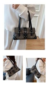 Detail shots showing retro rivets and silver metal buckles on a vintage grey hobo bag