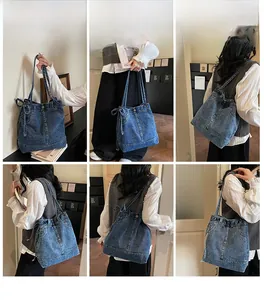 Detailed views of a dark blue denim tote bag featuring white stitching and button details