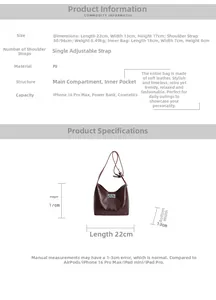 Detailed size chart for retro shoulder bag with dimensions 22x13x17cm and PU fabric spec