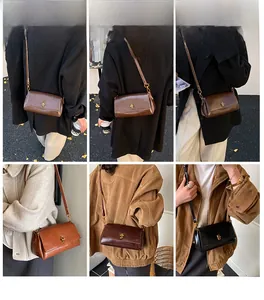 Viste dettagliate di piccole borse quadrate vintage in marrone e nero su modelli femminili