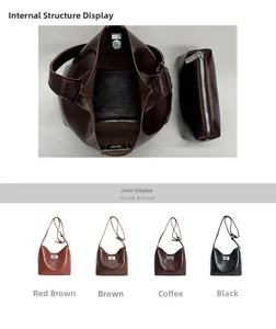Detail view of large leather bucket bag internal structure with matching inner pouch