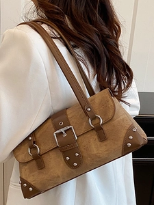 Retro brown leather motorcycle shoulder bag with silver rivets and buckle detail