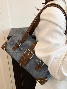 Vintage denim canvas motorcycle bag with leather trim and silver studs for women