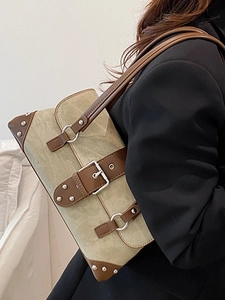 Retro canvas motorcycle shoulder bag with vintage rivets and large capacity for women