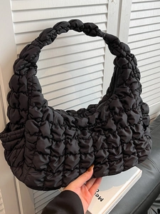 Sac Fourre-tout Plissé Matelassé de Mode Grande Capacité Tissu Oxford Sac à Bandoulière Sous le Bras Femmes Style Urbain Couleur Unie