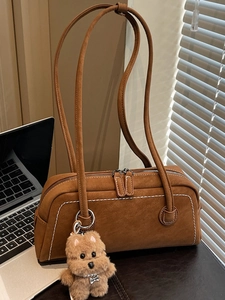 Minimalist PU Leather Underarm Bag With White Contrast Stitching And Plush Dog Charm Large Capacity Boston Shoulder Bag