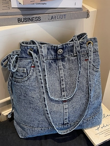 Vintage Washed Denim Tote Bag For Women Large Capacity Contrast Stitching Shoulder Bag Casual Underarm Bag Workwear Style Handbag