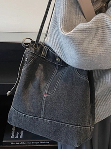 Vintage dark gray denim shoulder bag featuring creative jean waistband and red stitching