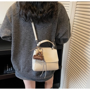 Close-up of beige lychee grain leather handbag with brand charm and fine strap detail