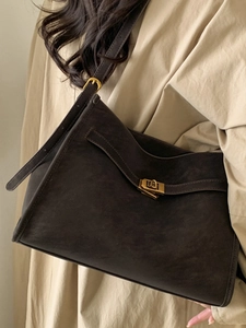 Vintage dark brown suede tote bag with golden buckle for women commuting use