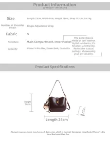 Size chart for brown PU bucket bag showing 23x8x18cm dimensions and adjustable strap