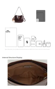 Detail of vintage brown bucket bag with plush bear charm and internal storage compartments