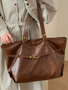 Retro deep brown large capacity faux leather tote bag for women in minimalist style