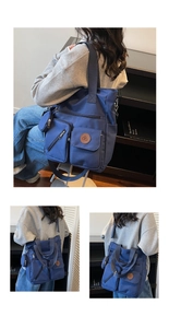 Détails du grand sac en nylon bleu marine avec fermetures éclair et logo rond en cuir