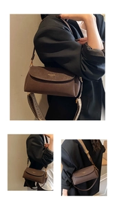 Détail du sac à bandoulière en cuir marron foncé avec boucles dorées et logo de marque