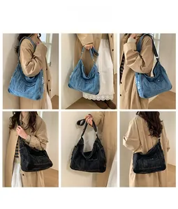 Detailed views of high-capacity denim hobo bags in light blue and dark black colors